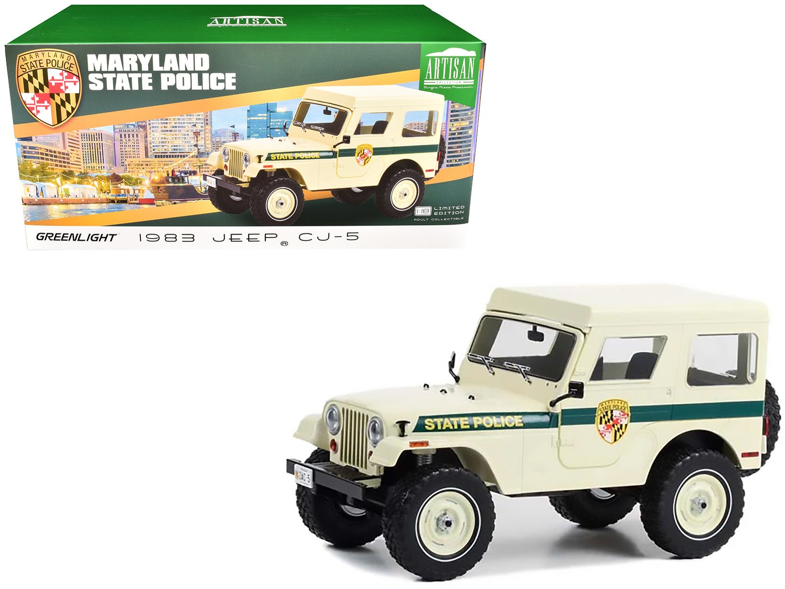 1983 Jeep CJ-5 Hardtop "Maryland State Police" Beige with Green Stripes "Artisan Collection" Series 1/18 Diecast Model Car by Greenlight free shipping USA - Rapid Vehicles