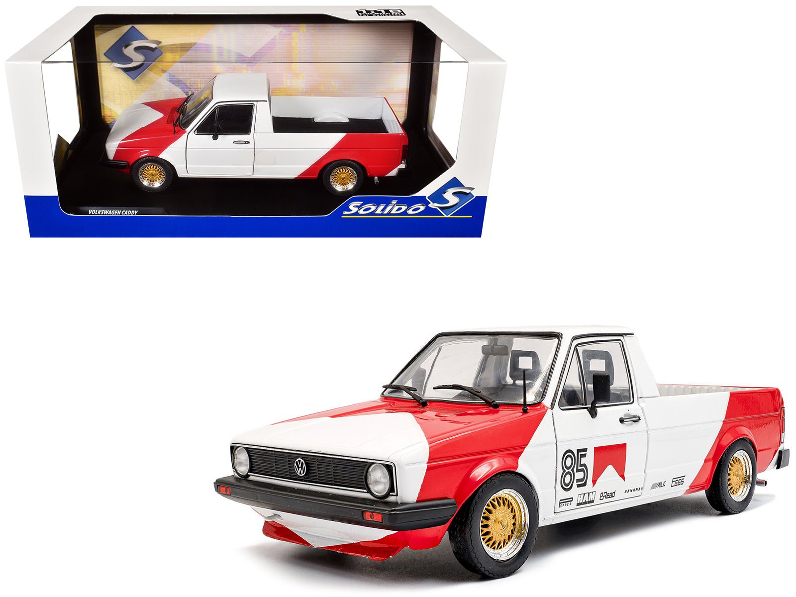 1983 Volkswagen Caddy MK 1 Pickup Truck "Red Cowboy Racing Tribute" White and Red 1/18 Diecast Model Car by Solido free shipping USA - Rapid Vehicles