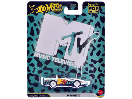 1984 Chevrolet Corvette "MTV" White with Stripes and Graphics "Pop Culture" Series Diecast Model Car by Hot Wheels free shipping USA - Rapid Vehicles