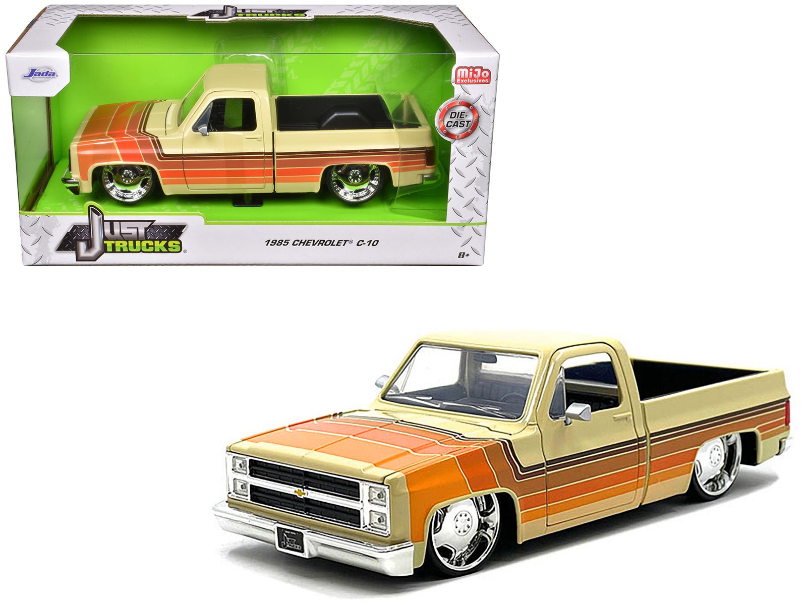 1985 Chevrolet C - 10 Pickup Truck Beige with Stripes and Lowenhart Wheels "Just Trucks" Series 1/24 Diecast Model Car by Jada free shipping USA - Rapid Vehicles