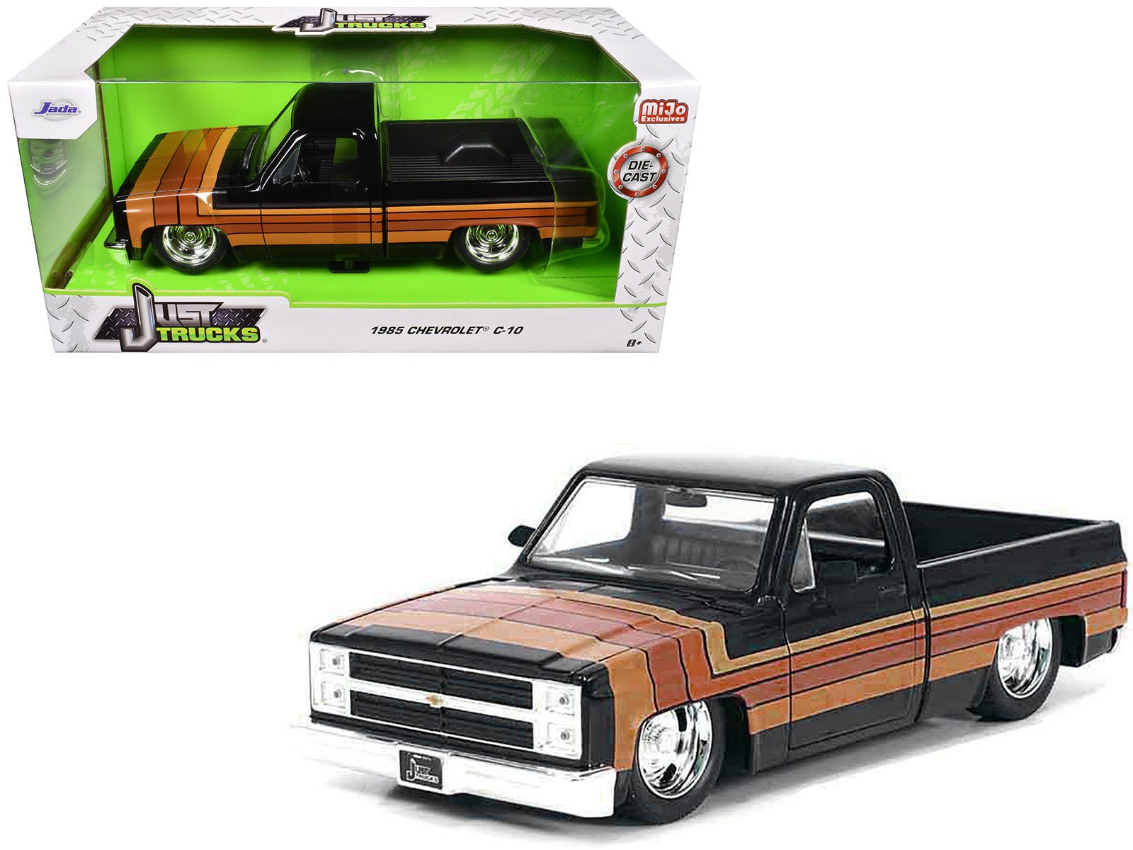 1985 Chevrolet C - 10 Pickup Truck Black with Stripes and GM Rally Wheels "Just Trucks" Series 1/24 Diecast Model Car by Jada free shipping USA - Rapid Vehicles