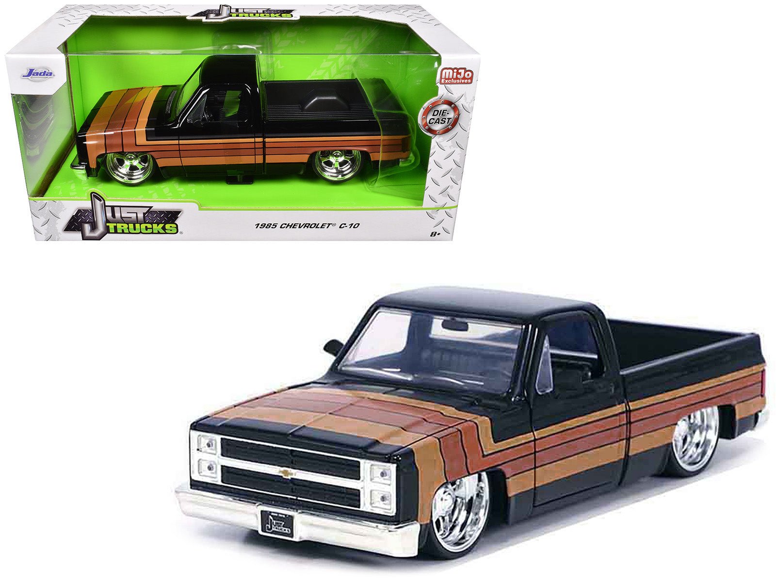 1985 Chevrolet C - 10 Pickup Truck Black with Stripes and Paradox Wheels "Just Trucks" Series 1/24 Diecast Model Car by Jada free shipping USA - Rapid Vehicles