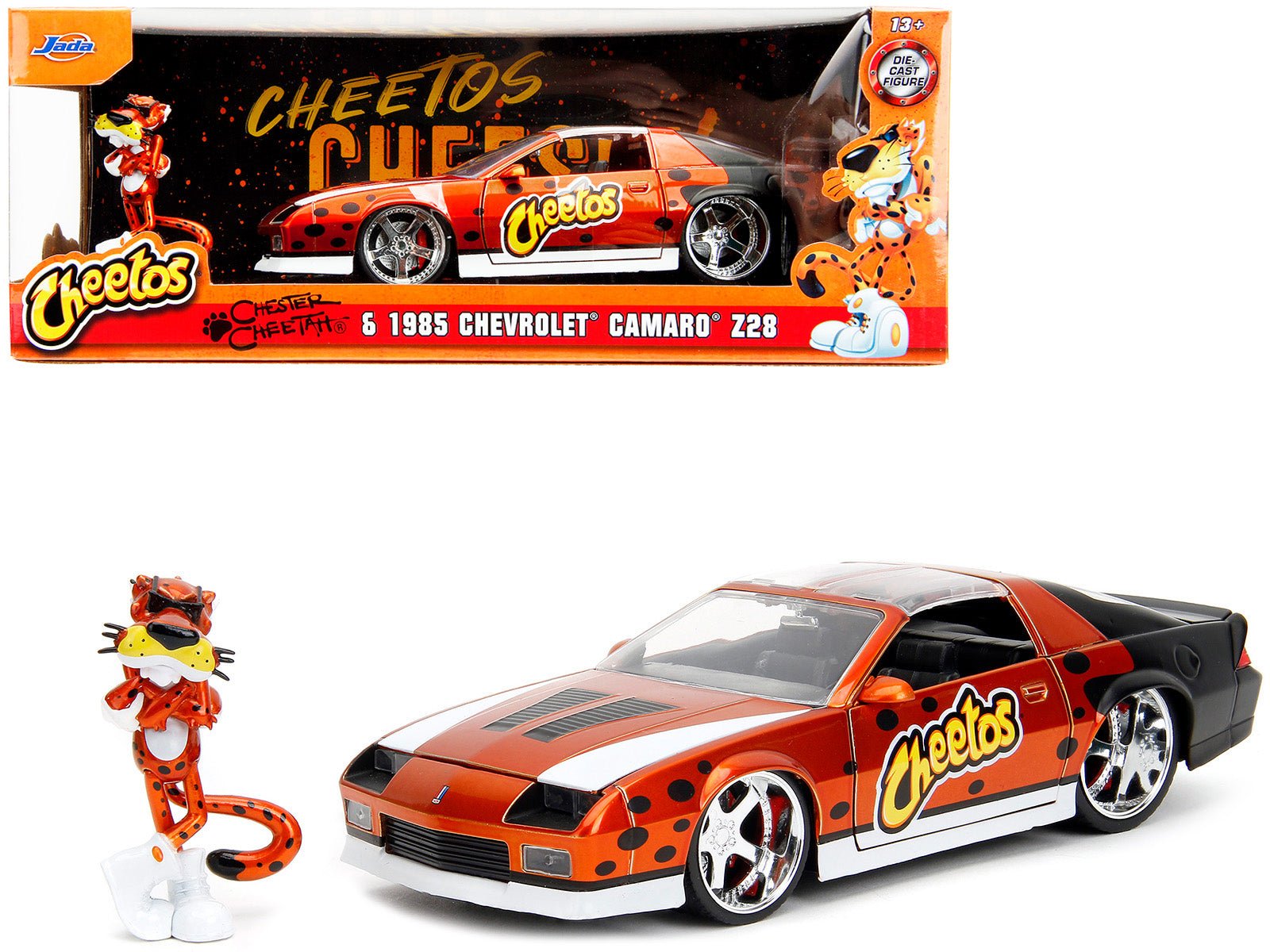 1985 Chevrolet Camaro Z/28 Orange Metallic with Graphics and Chester Cheetah Diecast Figure "Cheetos" "Hollywood Rides" Series 1/24 Diecast Model Car by Jada free shipping USA - Rapid Vehicles