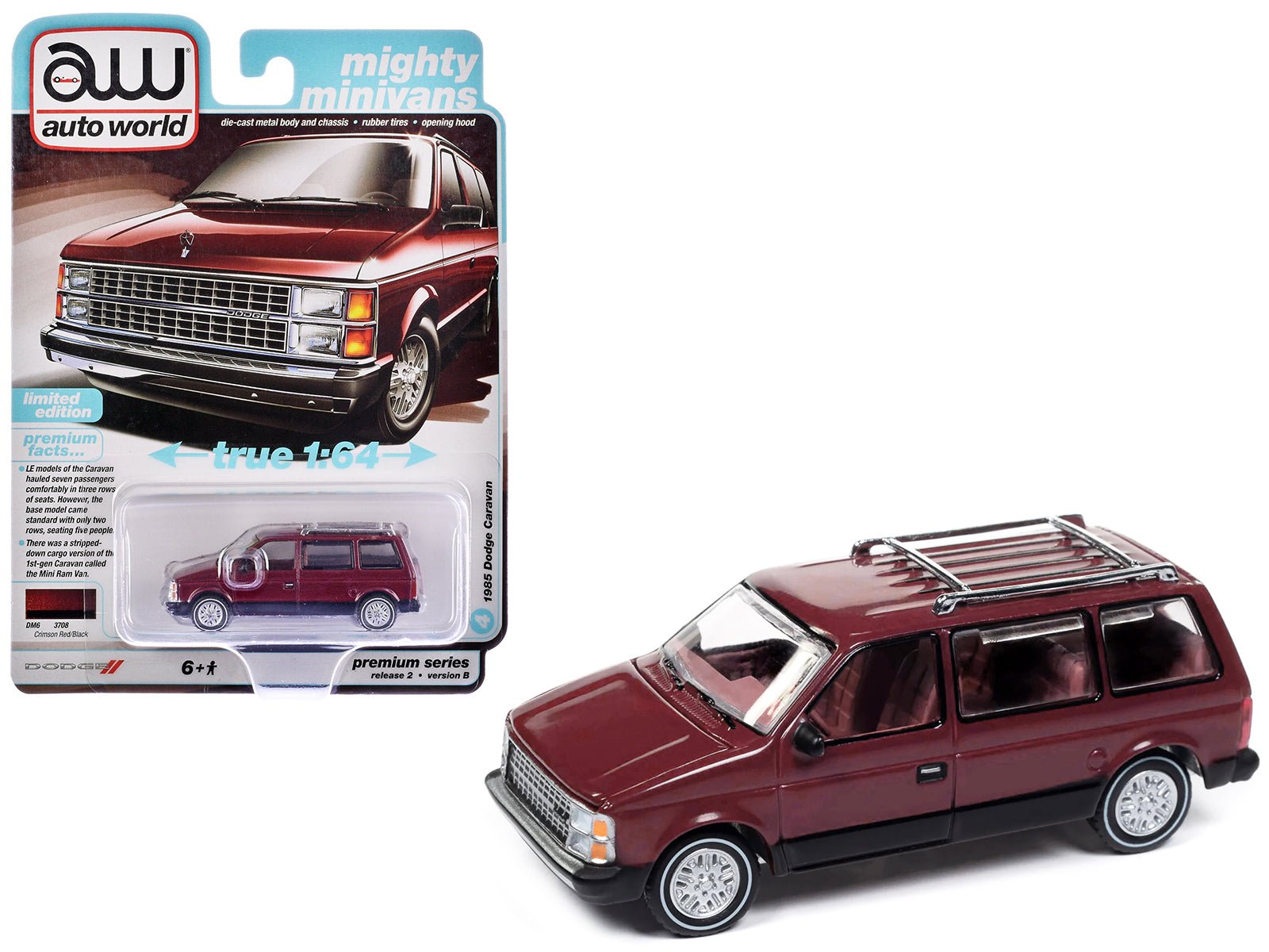 1985 Dodge Caravan Van Crimson Red and Black "Mighty Minivans" Series 1/64 Diecast Model Car by Auto World free shipping USA - Rapid Vehicles