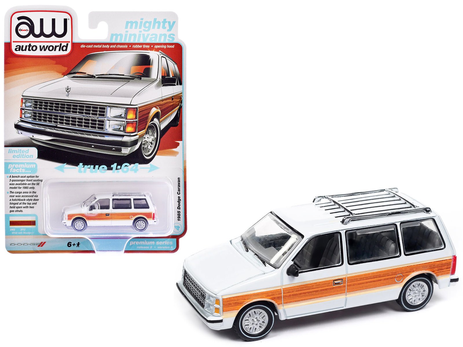 1985 Dodge Caravan Van White with Woodgrain Side Panels "Mighty Minivans" Series 1/64 Diecast Model Car by Auto World free shipping USA - Rapid Vehicles