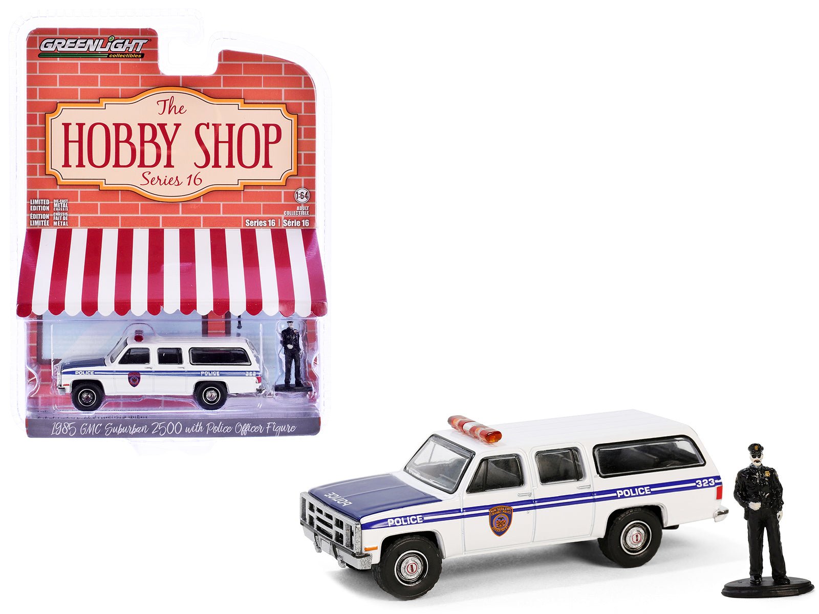 1985 GMC Suburban 2500 "New York City Transit Police Department" White with Blue Stripes and Police Officer Figure "The Hobby Shop" Series 16 1/64 Diecast Model Car by Greenlight free shipping USA - Rapid Vehicles