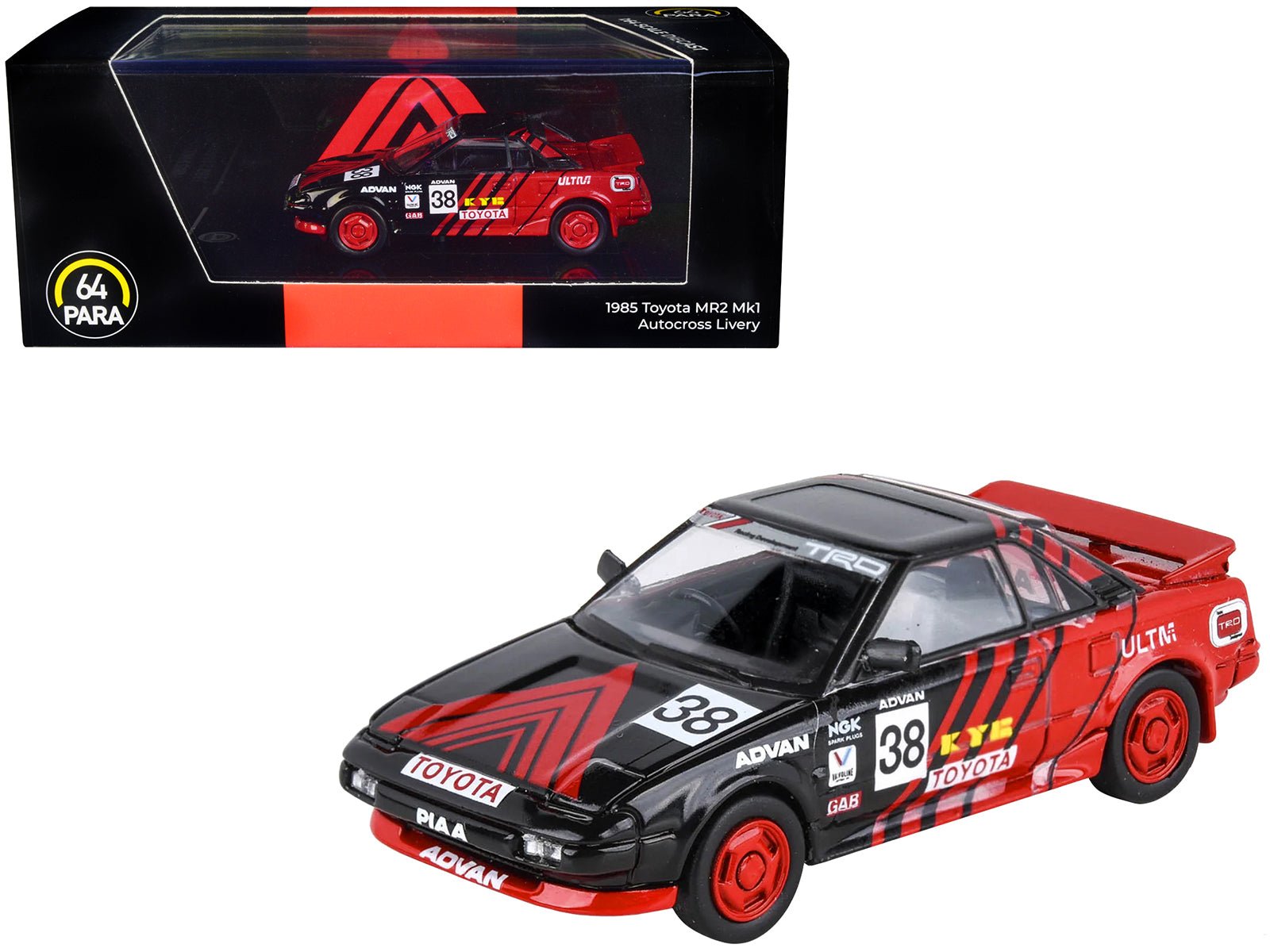 1985 Toyota MR2 MK1 RHD (Right Hand Drive) 38 Red and Black "Autocross Livery" 1/64 Diecast Model Car by Paragon Models free shipping USA - Rapid Vehicles