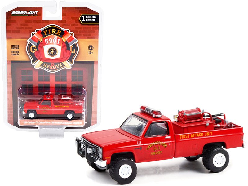 1986 Chevrolet C20 Custom Deluxe Pickup Truck Red First Attack Unit Fire Equipment and Hose and Tank "Lawrenceburg Fire Department" (Indiana) "Fire & Rescue" Series 1 1/64 Diecast Model Car by Greenlight free shipping USA - Rapid Vehicles