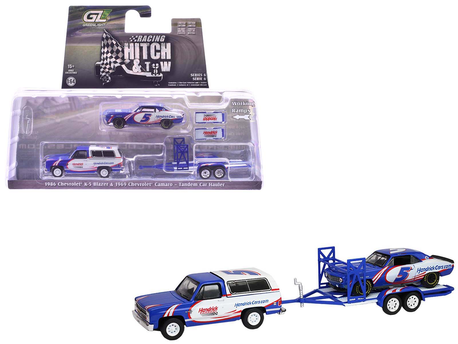 1986 Chevrolet K5 Blazer Blue and White and 1969 Chevrolet Camaro 5 Blue and White "Kyle Larson - Hendrick Motorsports" with Tandem Car Trailer "Racing Hitch & Tow" Series 6 1/64 Diecast Model Cars by Greenlight free shipping USA - Rapid Vehicles