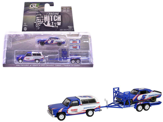 1986 Chevrolet K5 Blazer Blue and White and 1969 Chevrolet Camaro 5 Blue and White "Kyle Larson - Hendrick Motorsports" with Tandem Car Trailer "Racing Hitch & Tow" Series 6 1/64 Diecast Model Cars by Greenlight free shipping USA - Rapid Vehicles