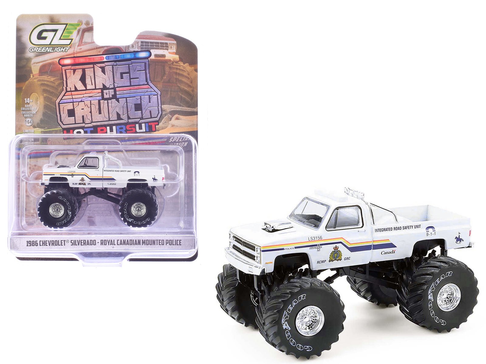 1986 Chevrolet Silverado Monster Truck "Royal Canadian Mounted Police" White with Stripes "Kings of Crunch - Hot Pursuit" Special Edition 1/64 Diecast Model Car by Greenlight free shipping USA - Rapid Vehicles