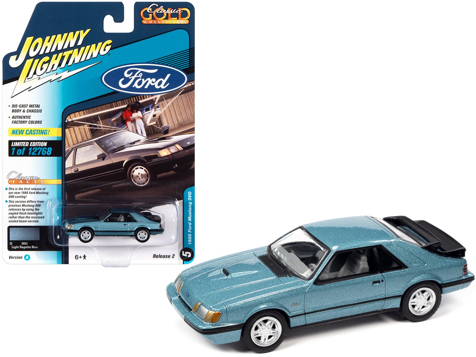 1986 Ford Mustang SVO Light Regatta Blue Metallic with Black Stripes "Classic Gold Collection" Series Limited Edition to 12768 pieces Worldwide 1/64 Diecast Model Car by Johnny Lightning free shipping USA - Rapid Vehicles