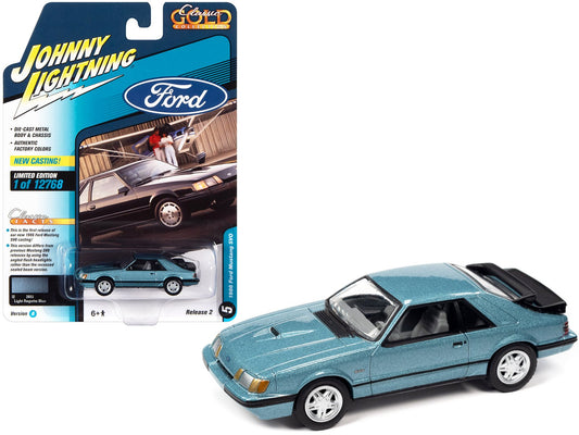 1986 Ford Mustang SVO Light Regatta Blue Metallic with Black Stripes "Classic Gold Collection" Series Limited Edition to 12768 pieces Worldwide 1/64 Diecast Model Car by Johnny Lightning free shipping USA - Rapid Vehicles