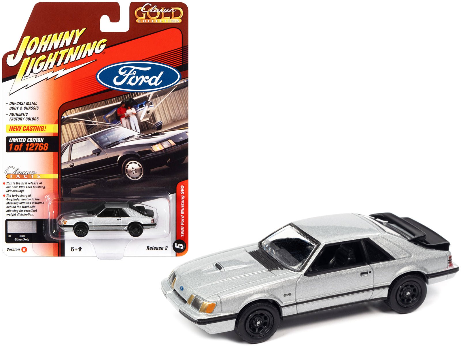 1986 Ford Mustang SVO Silver Metallic with Black Stripes "Classic Gold Collection" Series Limited Edition to 12768 pieces Worldwide 1/64 Diecast Model Car by Johnny Lightning free shipping USA - Rapid Vehicles