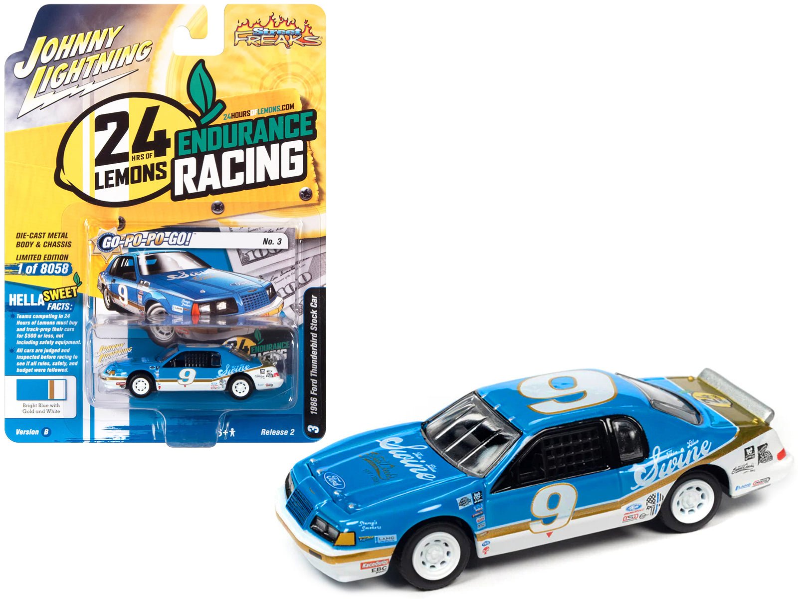 1986 Ford Thunderbird Stock Car 9 Bright Blue "Go - Po - Po - Go!" 24 Hours of Lemons "Street Freaks" Series Limited Edition to 8058 pieces Worldwide 1/64 Diecast Model Car by Johnny Lightning free shipping USA - Rapid Vehicles