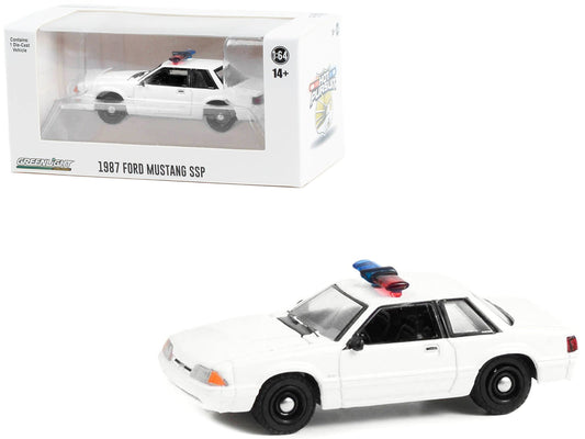 1987 - 1993 Ford Mustang SSP White Police Car with Light Bar "Hot Pursuit" "Hobby Exclusive" Series 1/64 Diecast Model Car by Greenlight free shipping USA - Rapid Vehicles