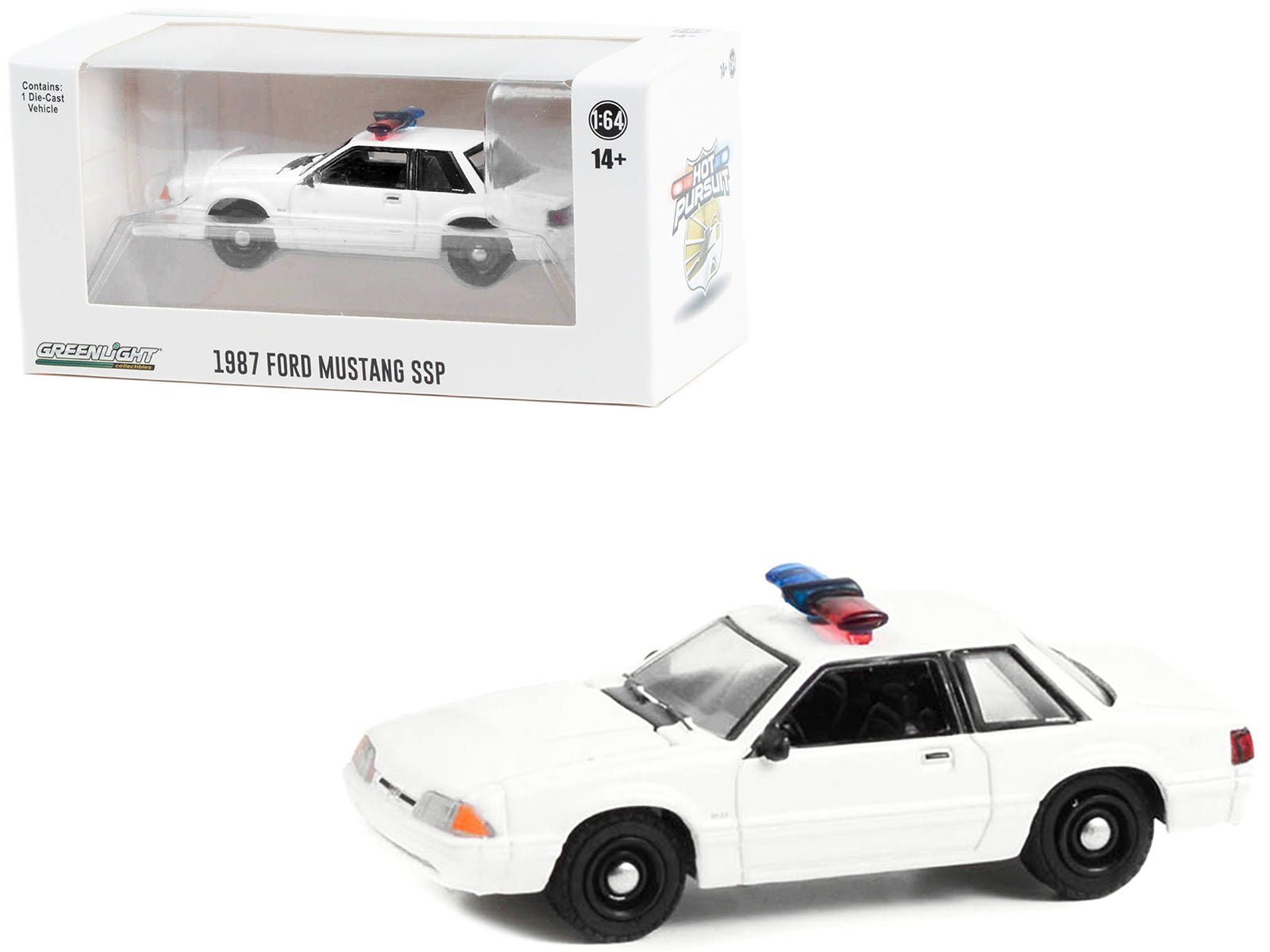 1987 - 1993 Ford Mustang SSP White Police Car with Light Bar "Hot Pursuit" "Hobby Exclusive" Series 1/64 Diecast Model Car by Greenlight free shipping USA - Rapid Vehicles
