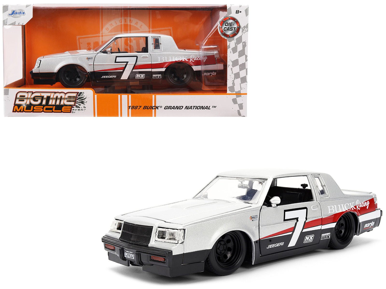 1987 Buick Grand National 7 "Buick Racing" Matt Silver Metallic with Red and Black Stripes "Bigtime Muscle" Series 1/24 Diecast Model by Jada free shipping USA - Rapid Vehicles