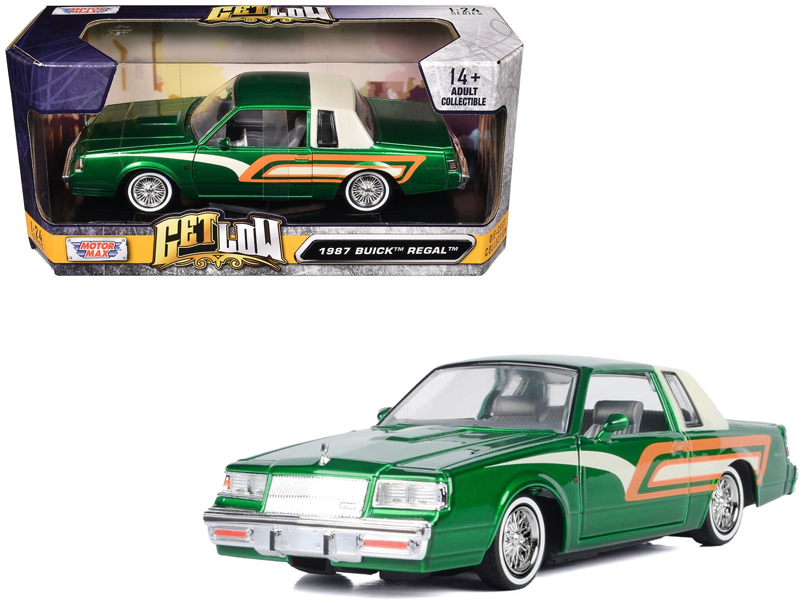 1987 Buick Regal 3.8 SFI Turbo Green Metallic and Cream with Graphics "Get Low" Series 1/24 Diecast Model Car by Motormax free shipping USA - Rapid Vehicles