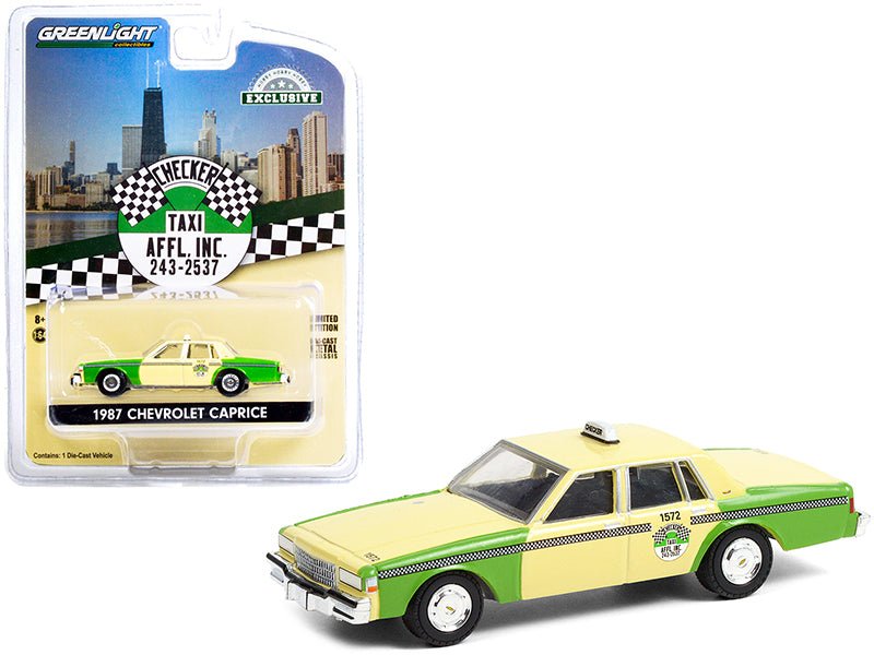 1987 Chevrolet Caprice Yellow and Green "Chicago Checker Taxi Affl Inc." "Hobby Exclusive" 1/64 Diecast Model Car by Greenlight free shipping USA - Rapid Vehicles