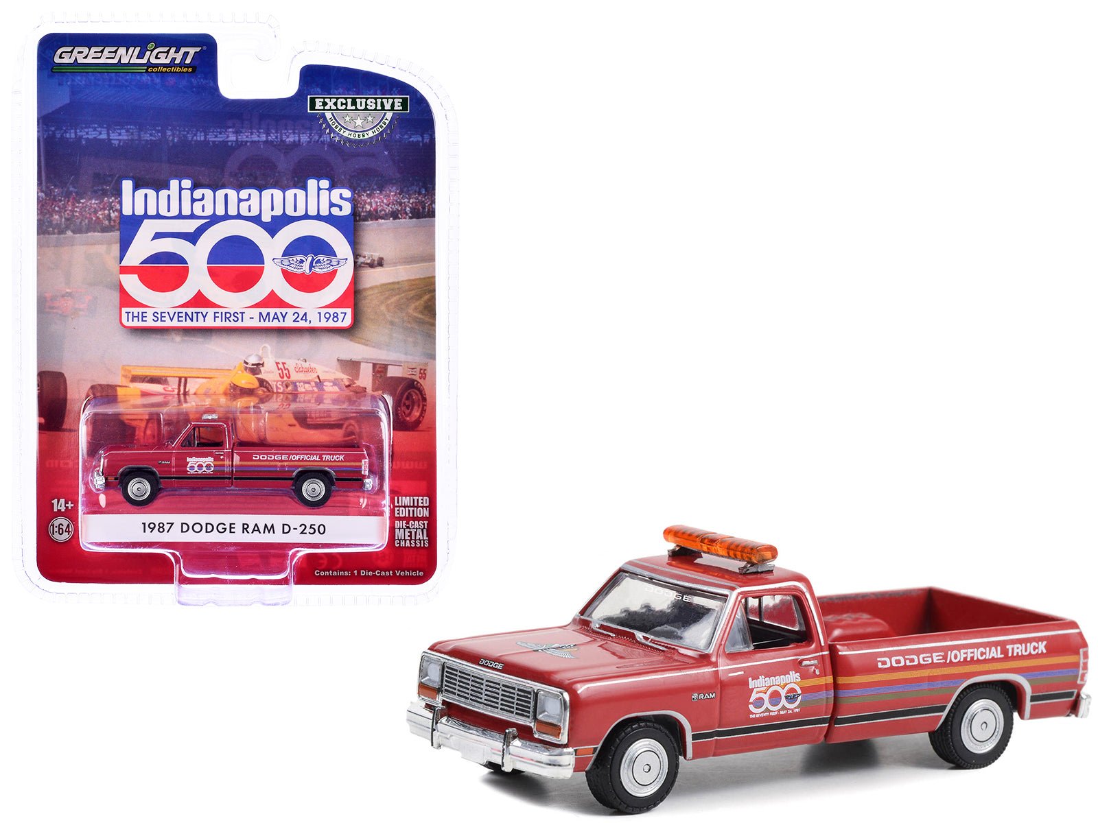1987 Dodge Ram D - 250 Pickup Truck "71st Annual Indianapolis 500 Mile Race Dodge Official Truck" Red with Stripes "Hobby Exclusive" Series 1/64 Diecast Model Car by Greenlight free shipping USA - Rapid Vehicles