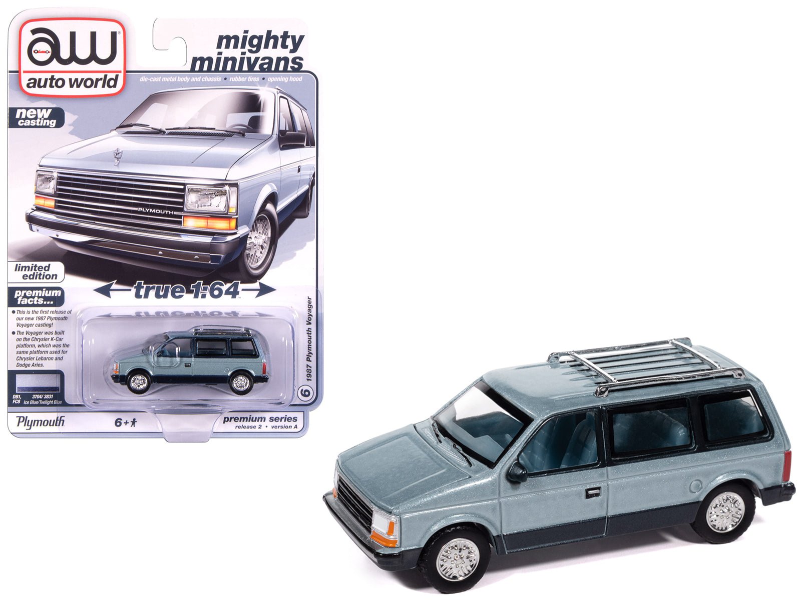1987 Plymouth Voyager Van Ice Blue Metallic and Twilight Blue Metallic 2 - Tone with Blue Interior "Mighty Minivans" Series 1/64 Diecast Model Car by Auto World free shipping USA - Rapid Vehicles
