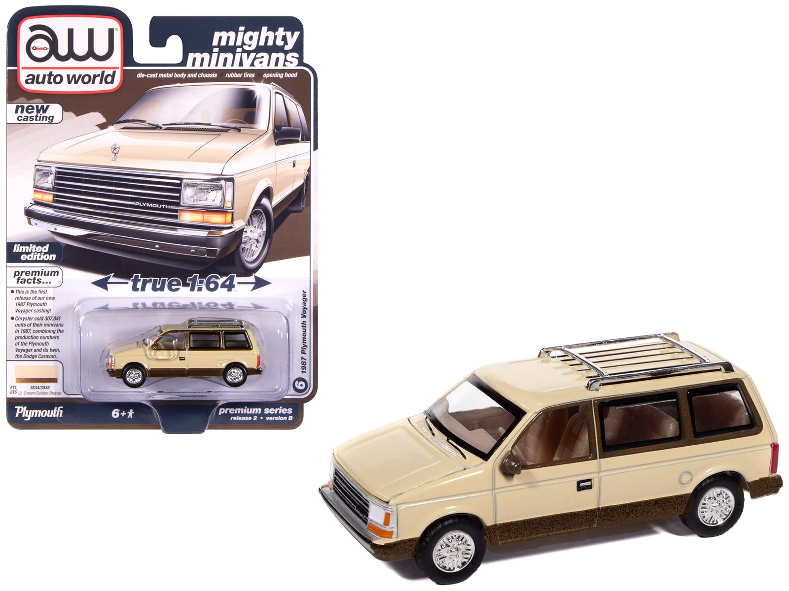 1987 Plymouth Voyager Van Light Cream and Golden Bronze Metallic 2-Tone "Mighty Minivans" Series 1/64 Diecast Model Car by Auto World free shipping USA - Rapid Vehicles