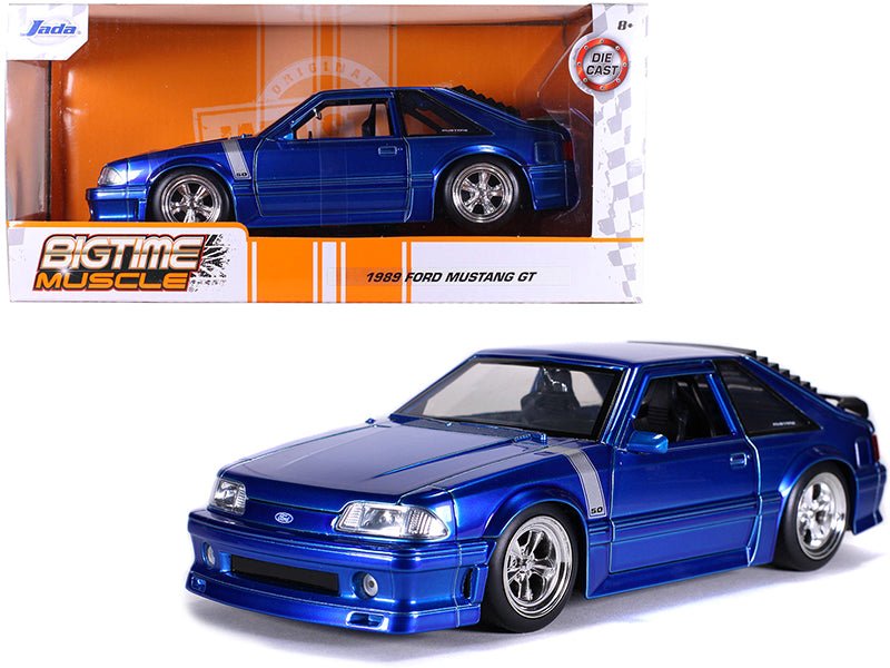 1989 Ford Mustang GT 5.0 Candy Blue with Silver Stripes "Bigtime Muscle" 1/24 Diecast Model Car by Jada free shipping USA - Rapid Vehicles