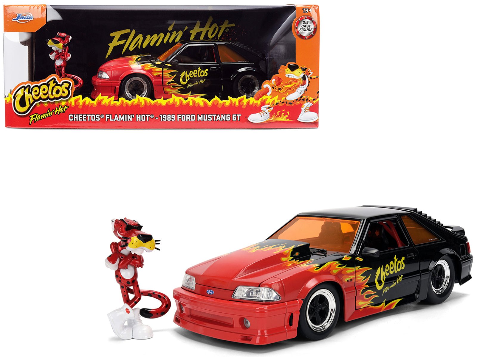 1989 Ford Mustang GT Black with Red Flame Graphics and Chester Cheetah Diecast Figure "Cheetos Flamin' Hot" "Hollywood Rides" Series 1/24 Diecast Model Car by Jada free shipping USA - Rapid Vehicles