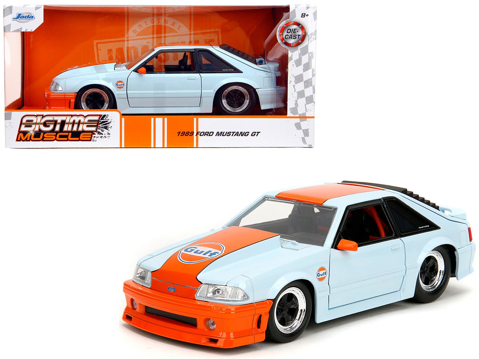 1989 Ford Mustang GT "Gulf Oil" Light Blue with Orange Stripe "Bigtime Muscle" Series 1/24 Diecast Model Car by Jada free shipping USA - Rapid Vehicles