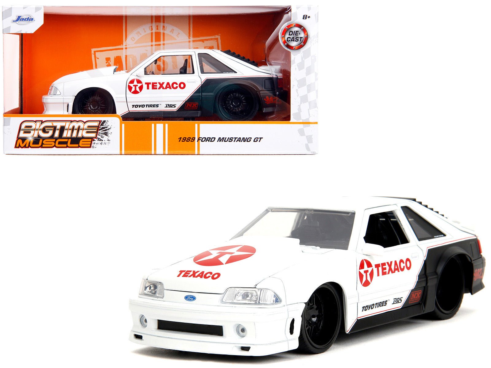 1989 Ford Mustang GT "Texaco" White and Matt Black with Graphics "Bigtime Muscle" Series 1/24 Diecast Model Car by Jada free shipping USA - Rapid Vehicles