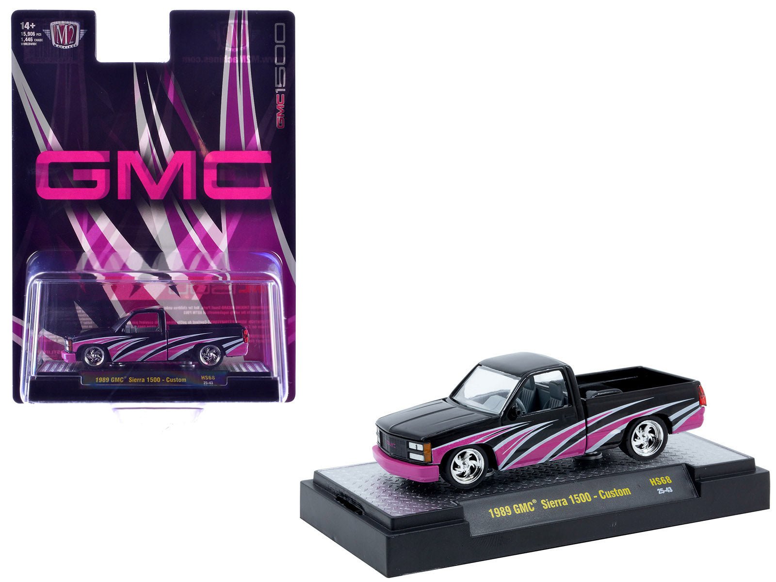 1989 GMC Sierra 1500 Custom Pickup Truck Black with Pink and White Graphics Limited Edition to 15906 pieces Worldwide 1/64 Diecast Model Car by M2 Machines free shipping USA - Rapid Vehicles