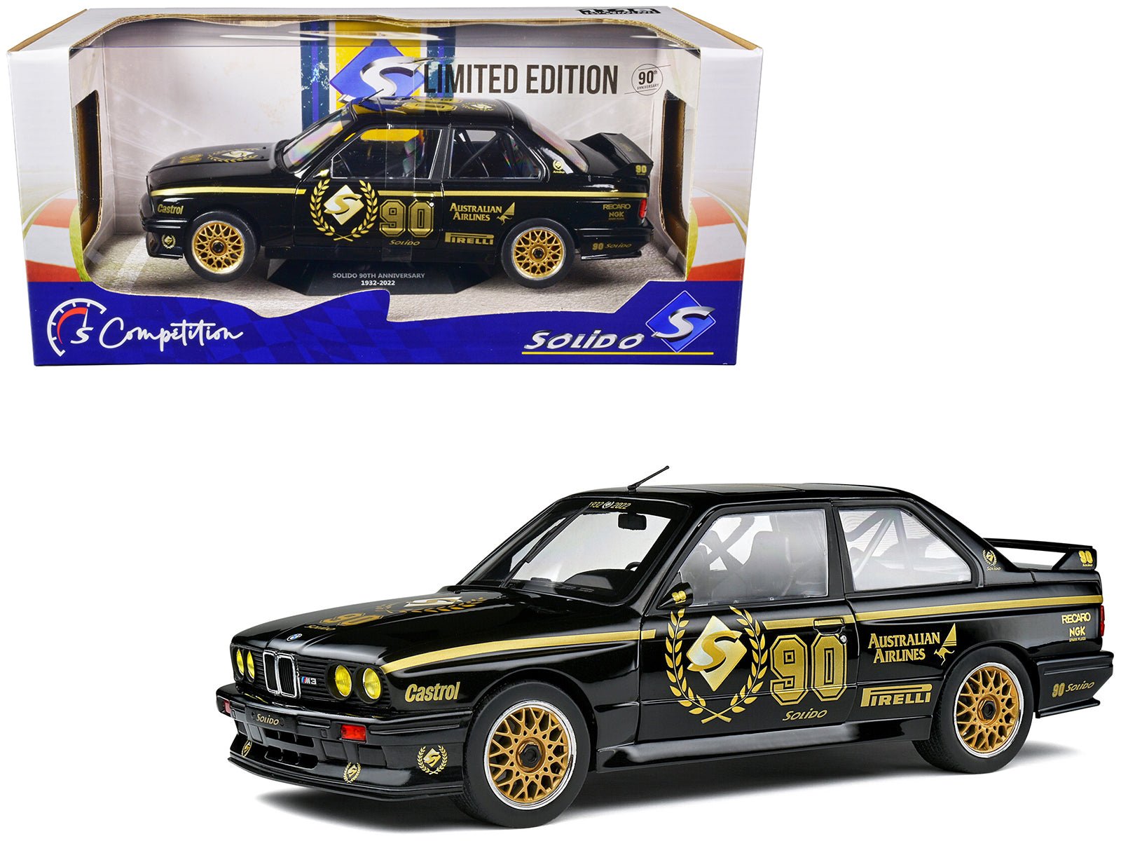 1990 BMW E30 M3 Black "Solido 90th Anniversary" Livery Limited Edition "Competition" Series 1/18 Diecast Model Car by Solido free shipping USA - Rapid Vehicles