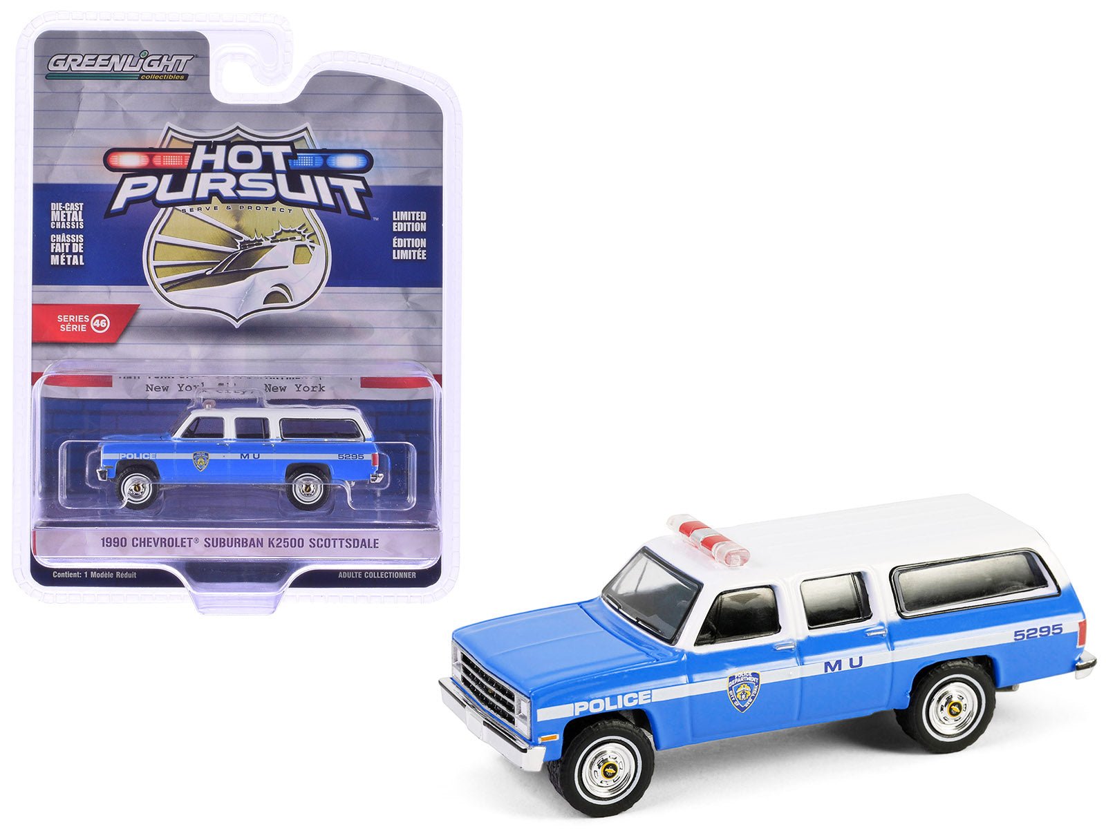 1990 Chevrolet Suburban K2500 Scottsdale "NYPD (New York City Police Department)" Blue with White Top "Hot Pursuit" Series 46 1/64 Diecast Model Car by Greenlight free shipping USA - Rapid Vehicles
