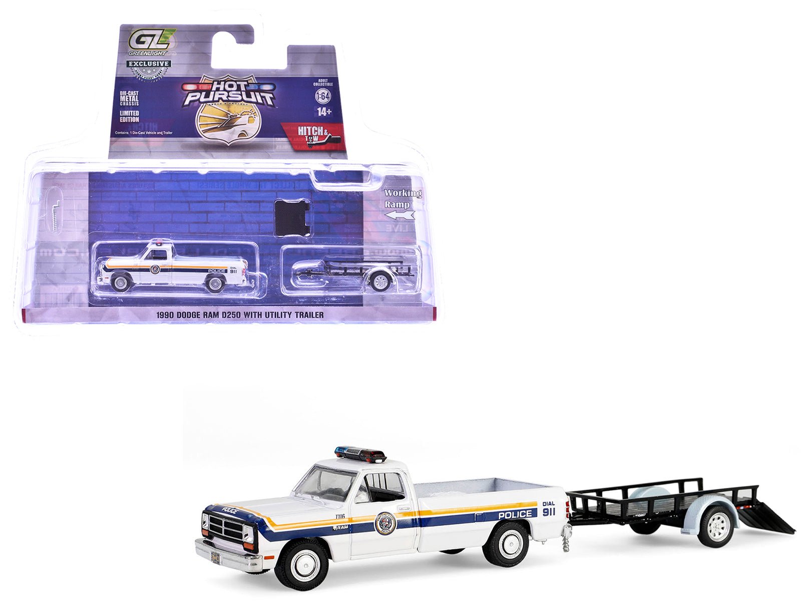 1990 Dodge Ram D250 Pickup Truck "Philadelphia PA Police Department" White with Stripes and Utility Trailer "Hot Pursuit Hitch & Tow" Series 1 1/64 Diecast Model Cars by Greenlight free shipping USA - Rapid Vehicles