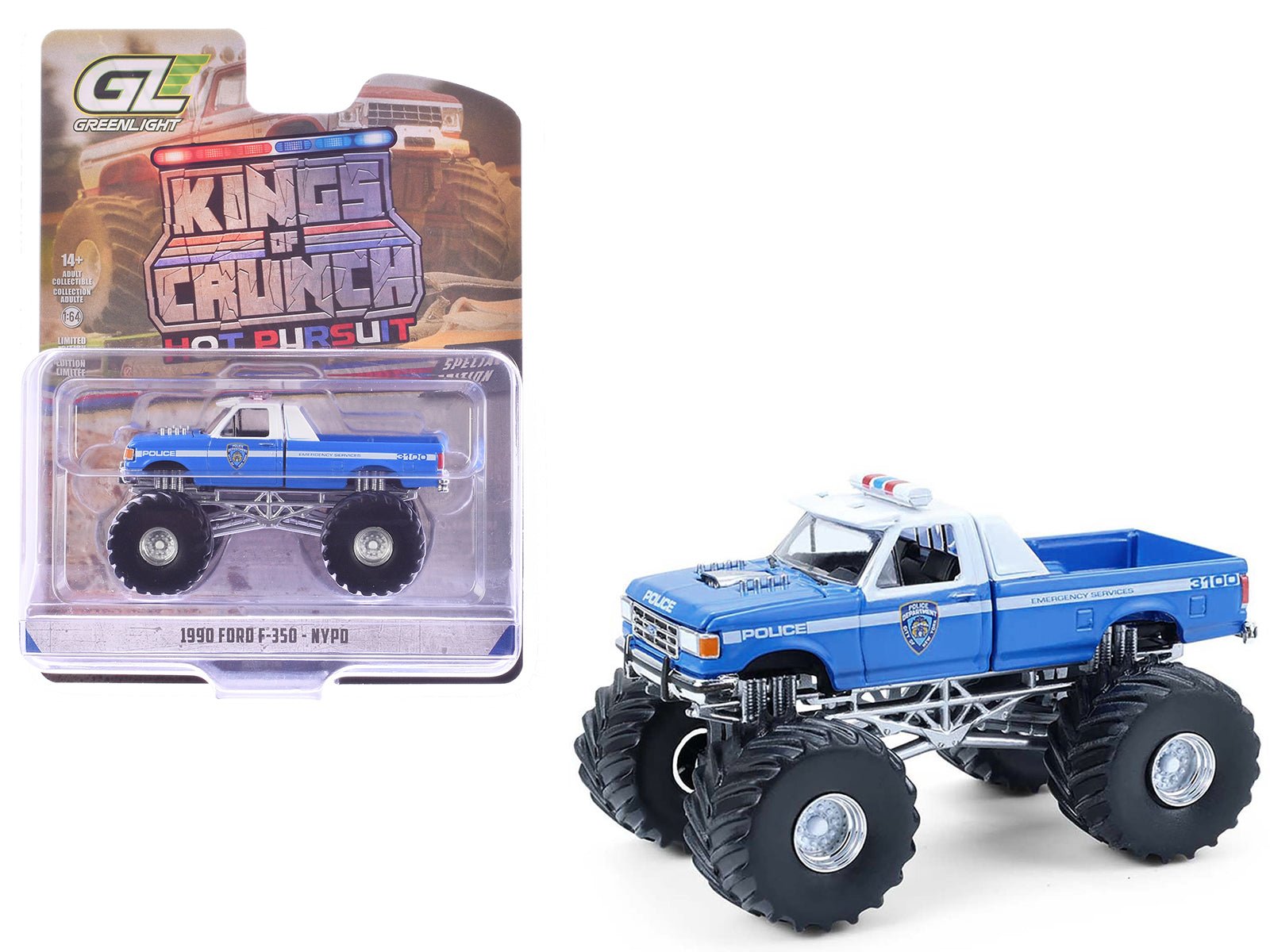 1990 Ford F-350 Monster Truck "NYPD (New York Police Department)" Blue with White Top "Kings of Crunch - Hot Pursuit" Special Edition 1/64 Diecast Model Car by Greenlight free shipping USA - Rapid Vehicles