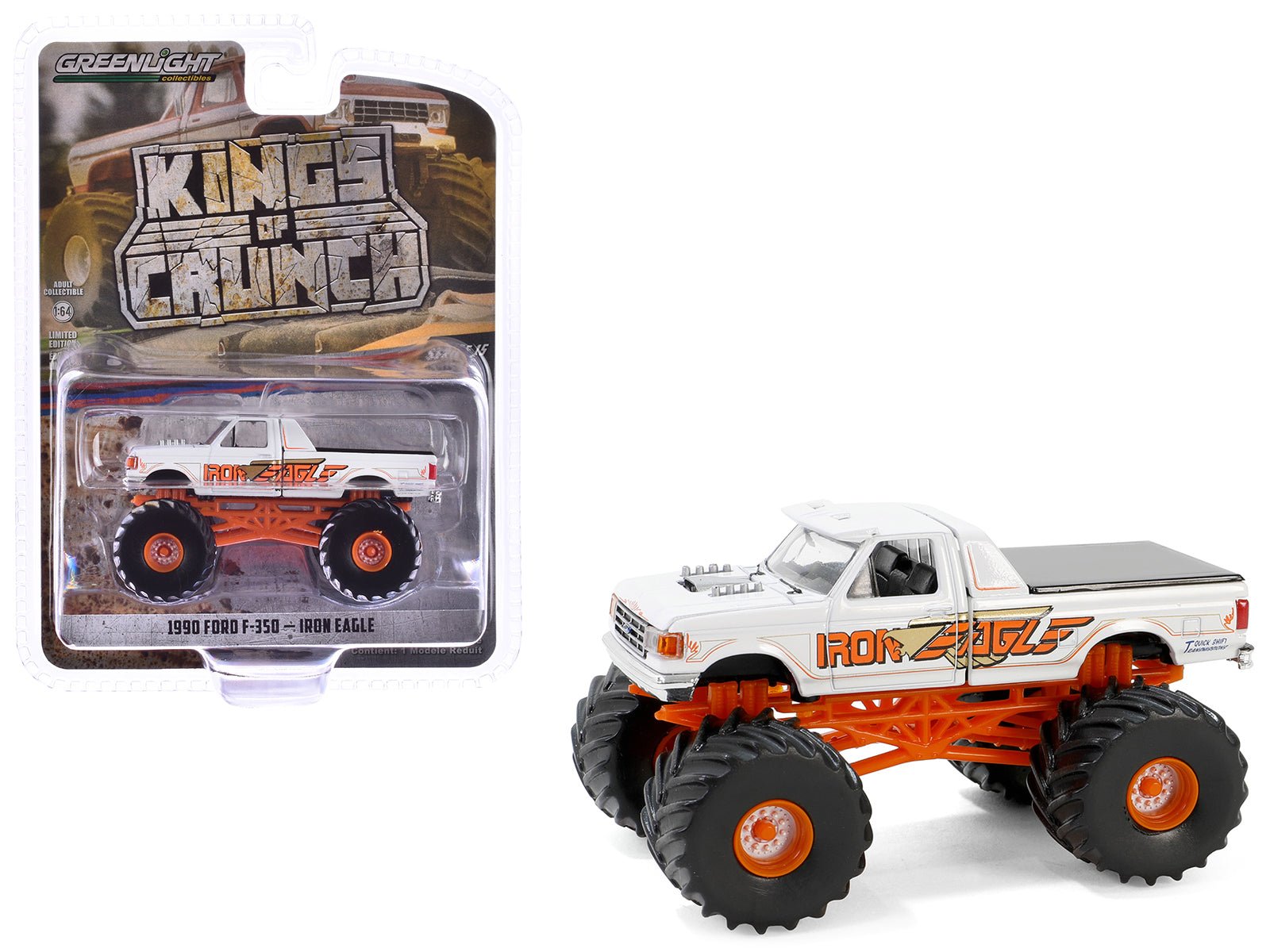 1990 Ford F - 350 Monster Truck White "Iron Eagle" "Kings of Crunch" Series 15 1/64 Diecast Model Car by Greenlight free shipping USA - Rapid Vehicles