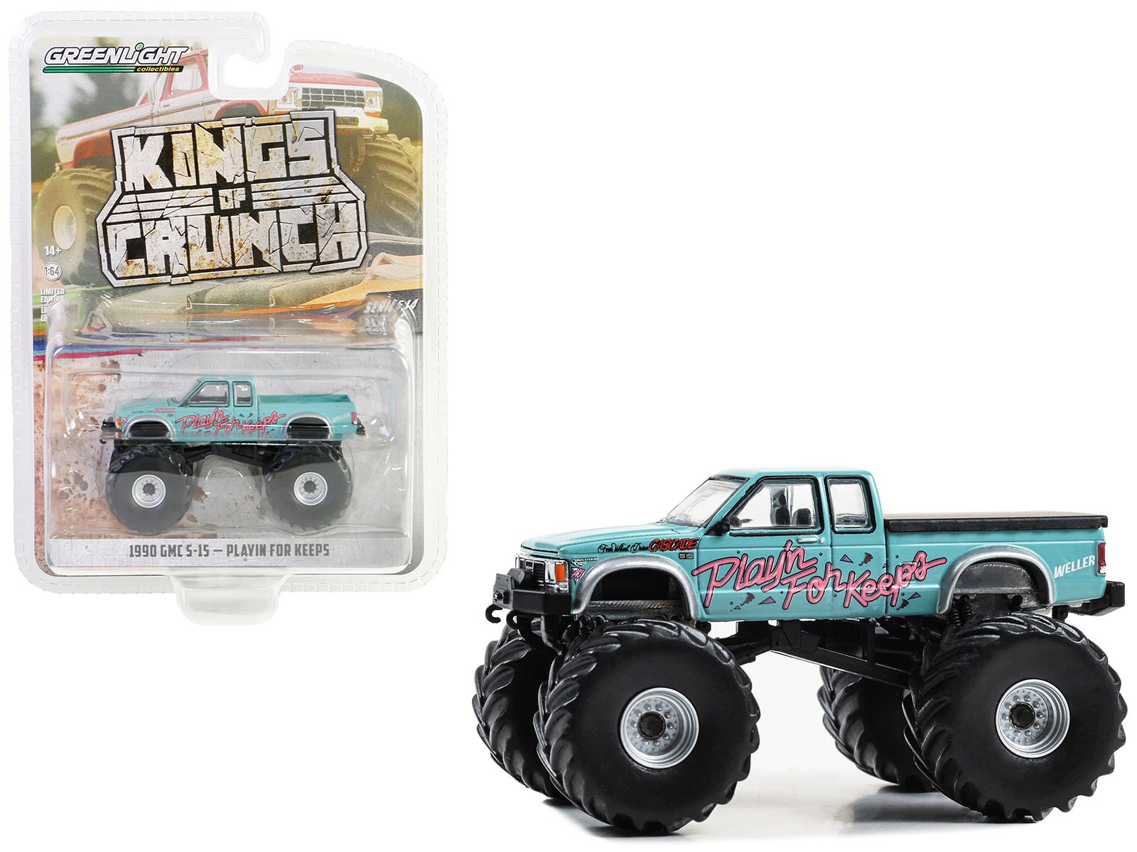 1990 GMC S - 15 Monster Truck Light Blue "Playin' for Keeps" "Kings of Crunch" Series 14 1/64 Diecast Model Car by Greenlight free shipping USA - Rapid Vehicles