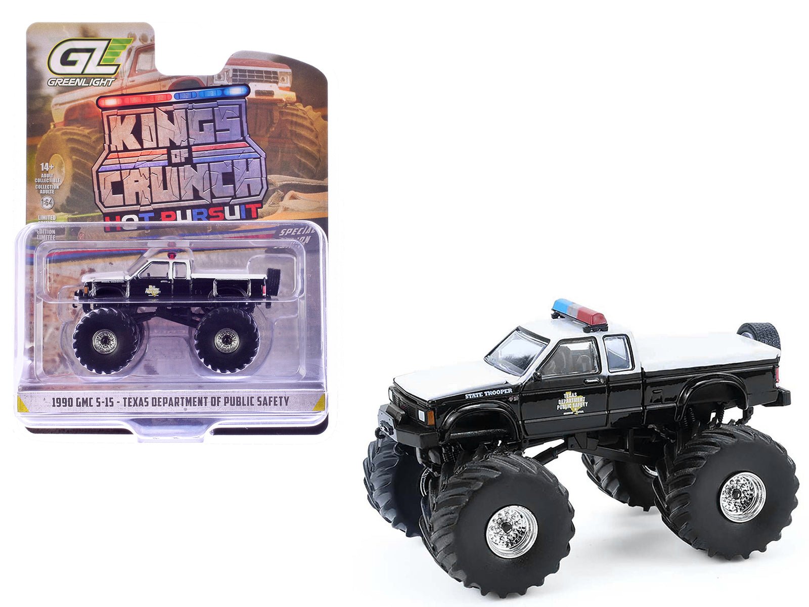 1990 GMC S-15 Monster Truck "Texas Department of Public Safety" Black and White "Kings of Crunch - Hot Pursuit" Special Edition 1/64 Diecast Model Car by Greenlight free shipping USA - Rapid Vehicles