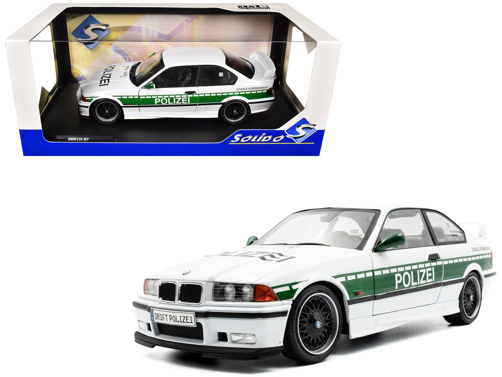 1991 BMW E36 M3 Custom "Drift Polizei" White with Green Stripes 1/18 Diecast Model Car by Solido free shipping USA - Rapid Vehicles