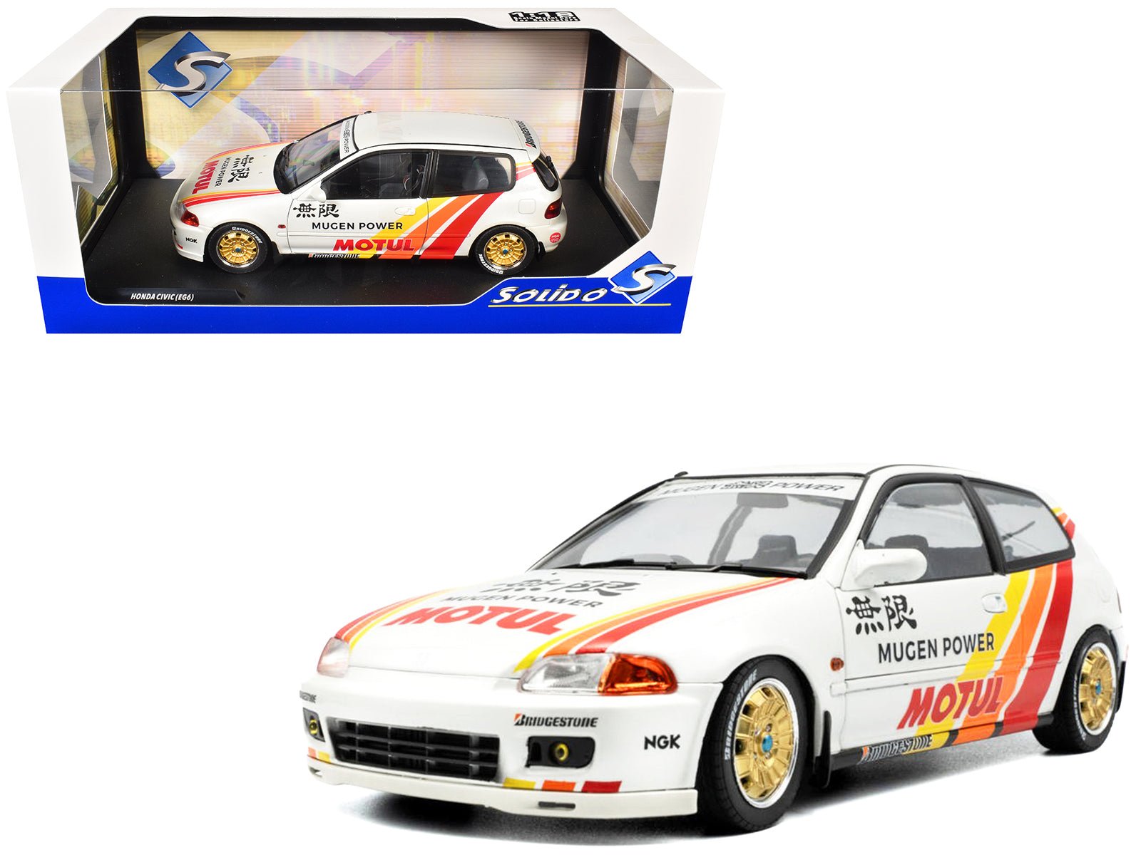 1991 Honda Civic (EG6) RHD (Right Hand Drive) "Mugen Racing" White with Stripes 1/18 Diecast Model Car by Solido free shipping USA - Rapid Vehicles