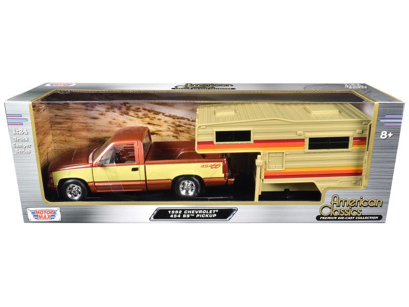 1992 Chevrolet 454 SS Pickup Truck Copper Metallic with Beige Sides with Camper Shell "American Classics" Series 1/24 Diecast Model Car by Motormax free shipping USA - Rapid Vehicles