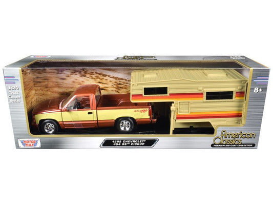 1992 Chevrolet 454 SS Pickup Truck Copper Metallic with Beige Sides with Camper Shell "American Classics" Series 1/24 Diecast Model Car by Motormax free shipping USA - Rapid Vehicles