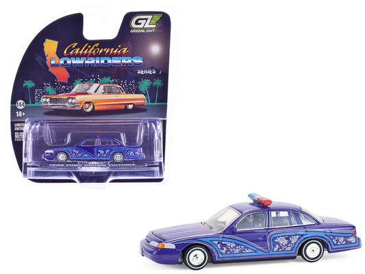 1992 Ford Crown Victoria Lowrider Blue with Graphics and Lightbar "California Lowriders" Series 7 1/64 Diecast Model Car by Greenlight free shipping USA - Rapid Vehicles
