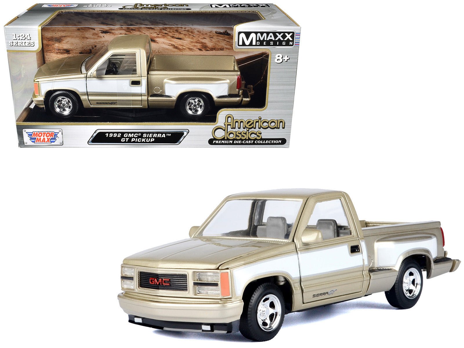 1992 GMC Sierra GT Pickup Truck Gold Metallic with White Sides "American Classics" Series 1/24 Diecast Model Car by Motormax free shipping USA - Rapid Vehicles