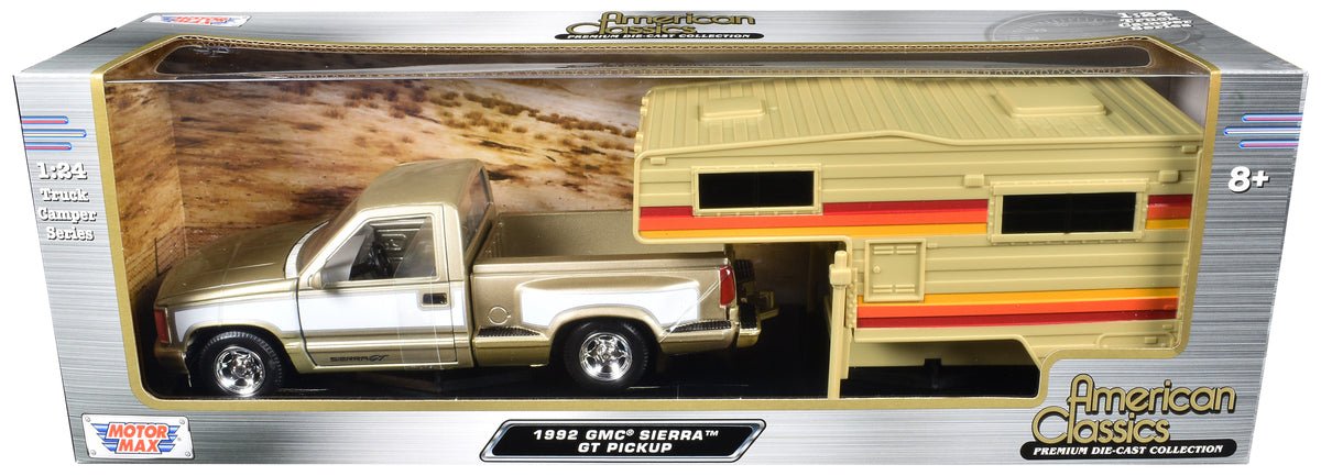 1992 GMC Sierra GT Pickup Truck Gold Metallic with White Sides with Camper Shell "American Classics" Series 1/24 Diecast Model Car by Motormax free shipping USA - Rapid Vehicles