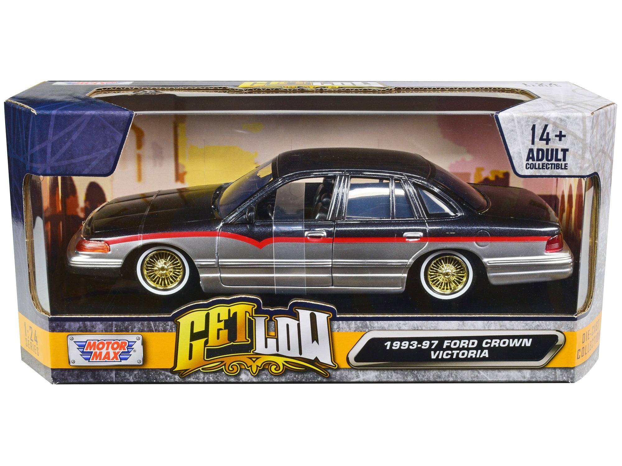 1993 - 1997 Ford Crown Victoria Lowrider Black Metallic and Silver with Red Stripes "Get Low" Series 1/24 Diecast Model Car by Motormax free shipping USA - Rapid Vehicles