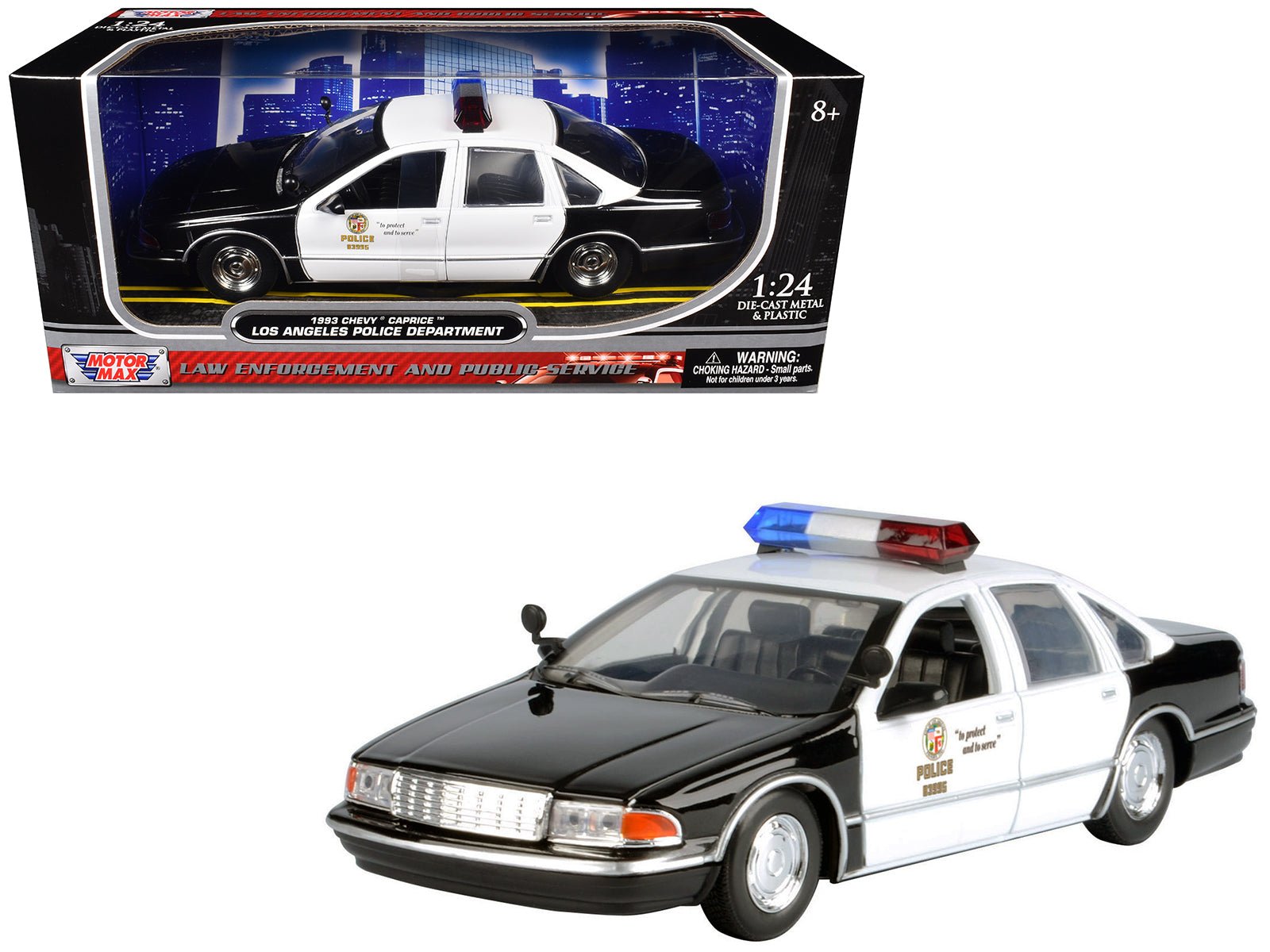 1993 Chevrolet Caprice Police Car "LAPD (Los Angeles Police Department)" Black and White "Law Enforcement and Public Service" Series 1/24 Diecast Model Car by Motormax free shipping USA - Rapid Vehicles