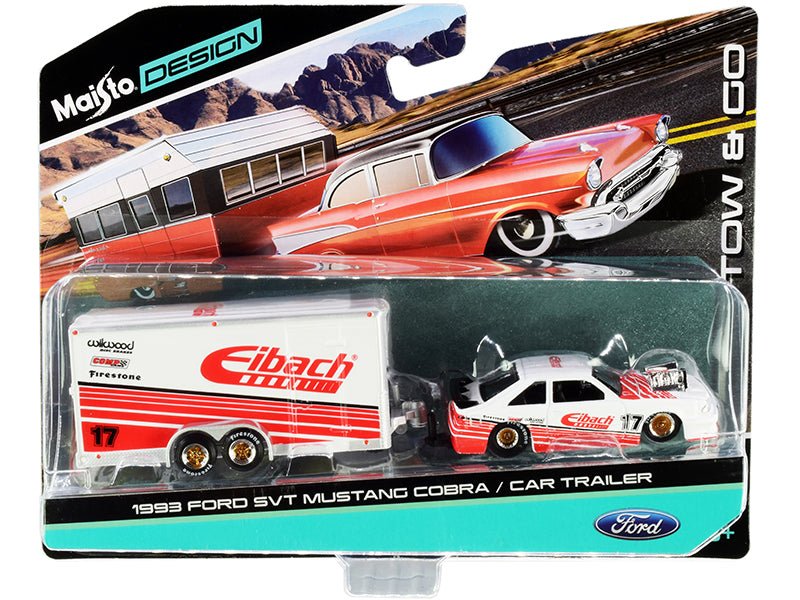 1993 Ford SVT Mustang Cobra 17 with Enclosed Car Trailer "Eibach" White with Red Stripes "Tow & Go" Series 1/64 Diecast Model Cars by Maisto free shipping USA - Rapid Vehicles