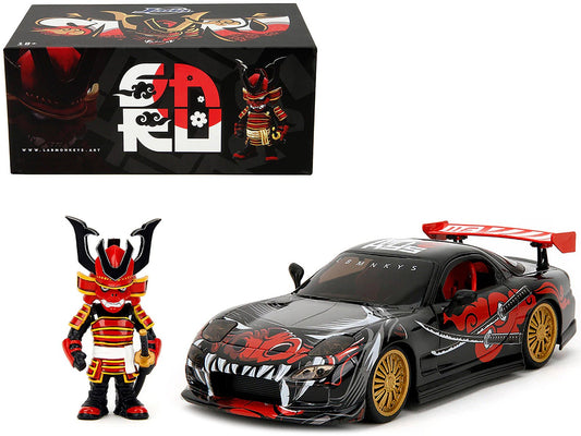 1993 Mazda RX - 7 Black with Graphics "Lab Monkeys" with Saru Diecast Figure "Hollywood Rides" Series 1/24 Diecast Model Car by Jada free shipping USA - Rapid Vehicles
